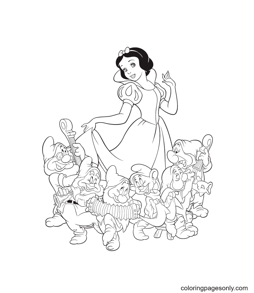 Snow White sings happily with the seven dwarfs Coloring Page