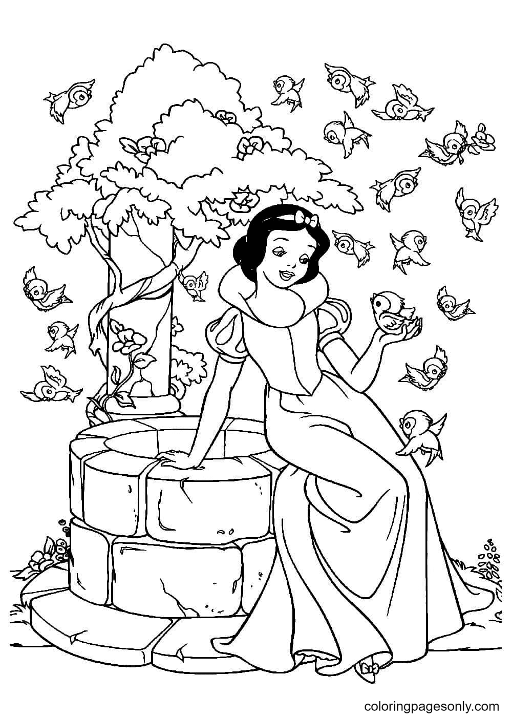 Snow White sings with a bird Coloring Page