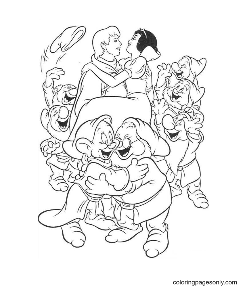 Snow White, the Prince and the Seven Dwarfs are happy Coloring Pages