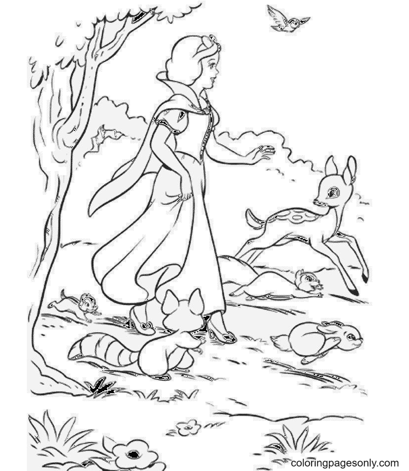 Blanche Neige se promène avec les animaux dans la forêt de Blanche Neige