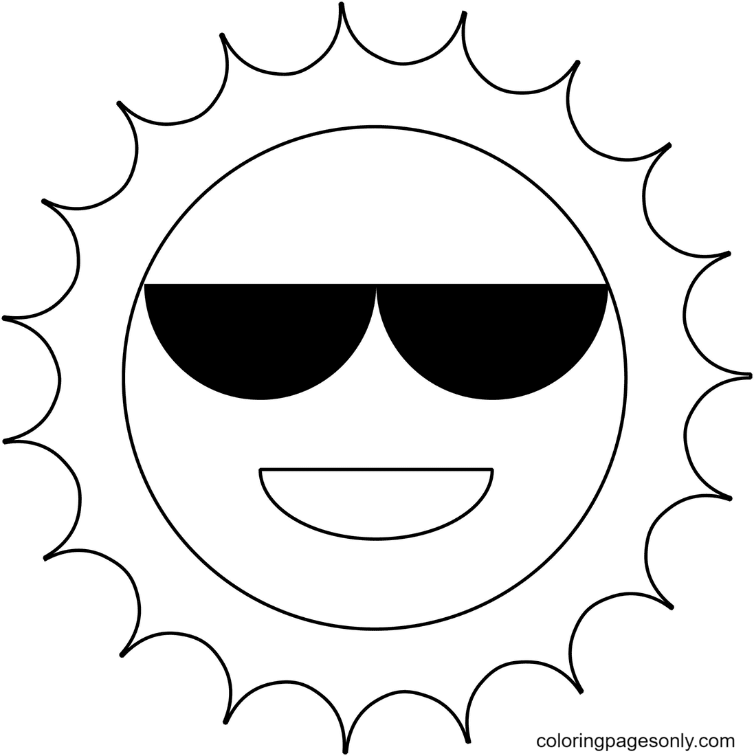 Página para colorir de sol e óculos de sol