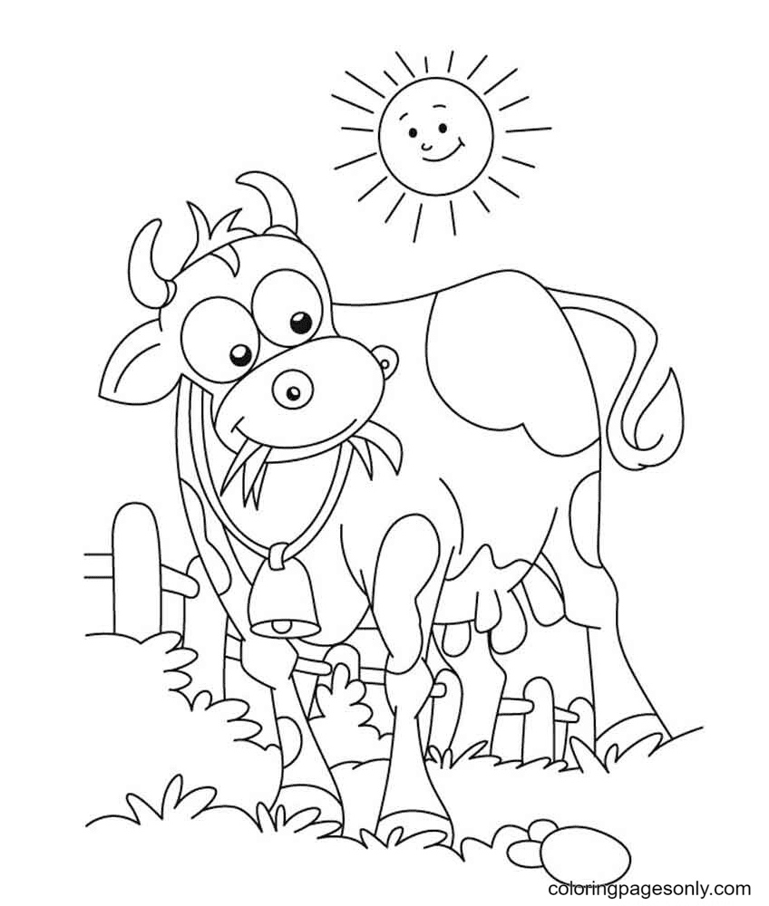 The Cow with a Bell is Grazing Coloring Page