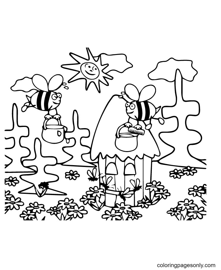 The Flowers Bees And Sun Coloring Pages