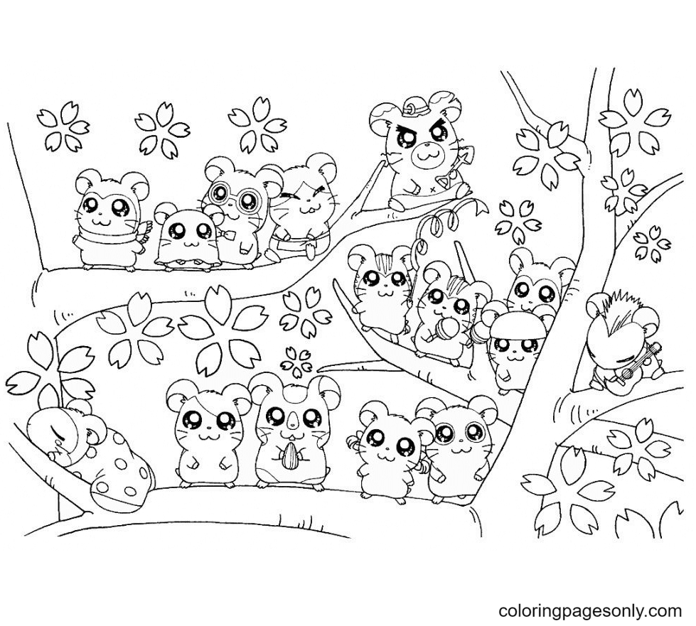 The Hamsters on a tree branch Coloring Pages