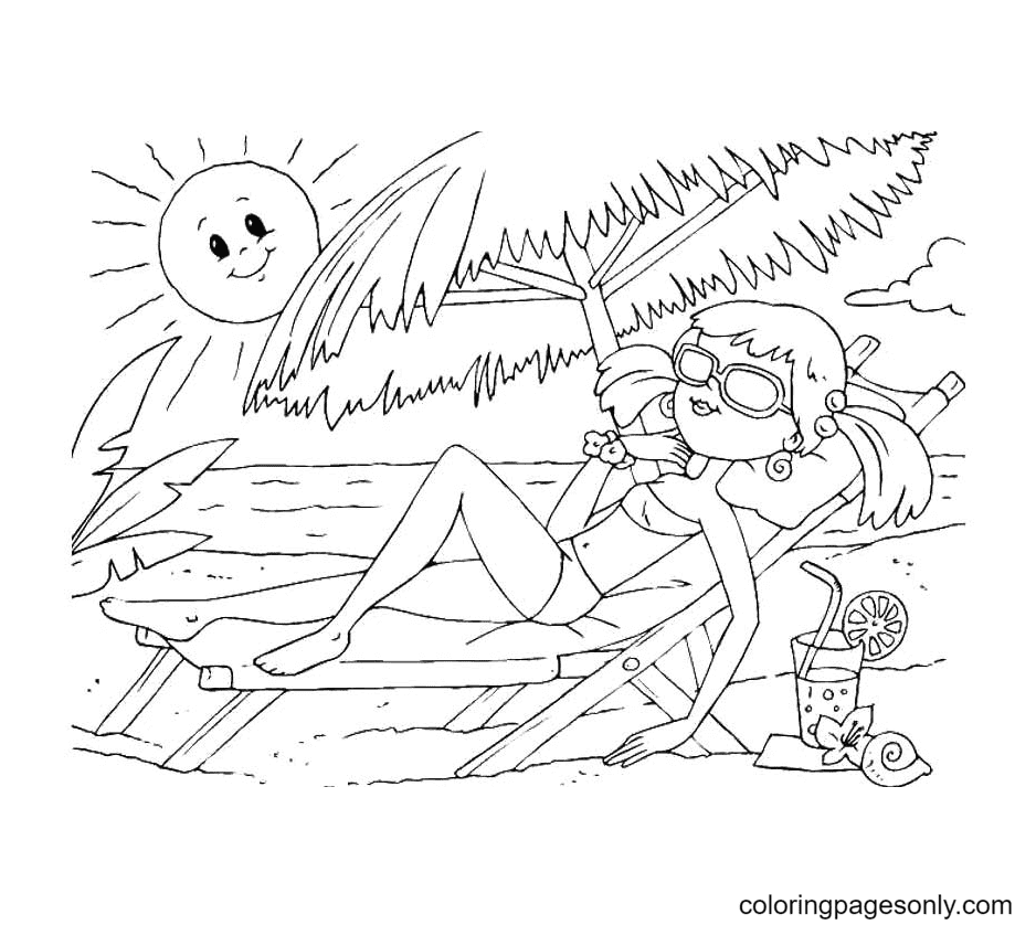 The Sun Bathing Baech Coloring Page
