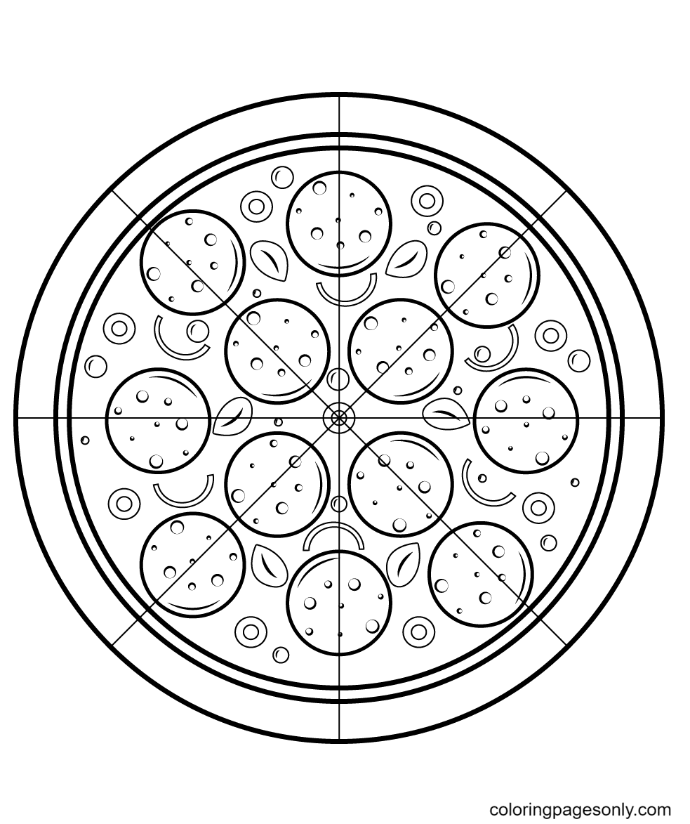 The pizza has pepperoni, olives, onions, and some greens Coloring Page