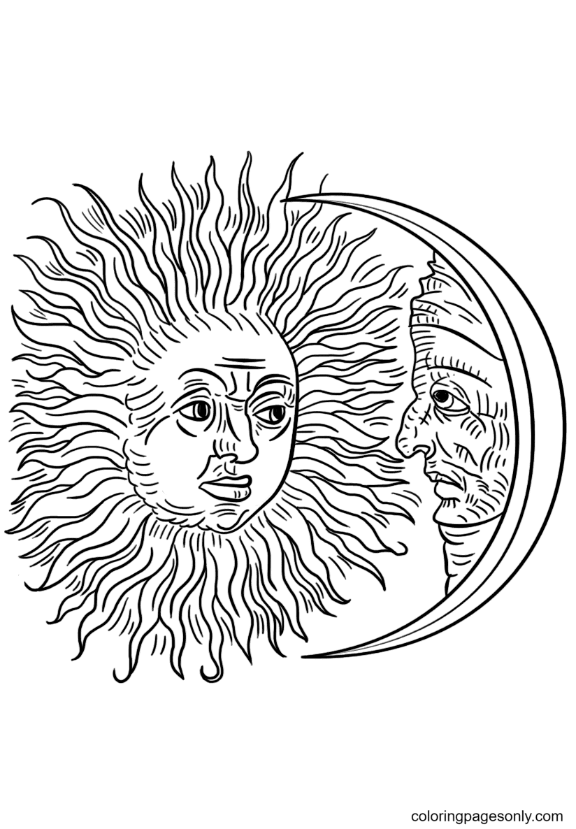 Vintage Sun and Moon Coloring Page