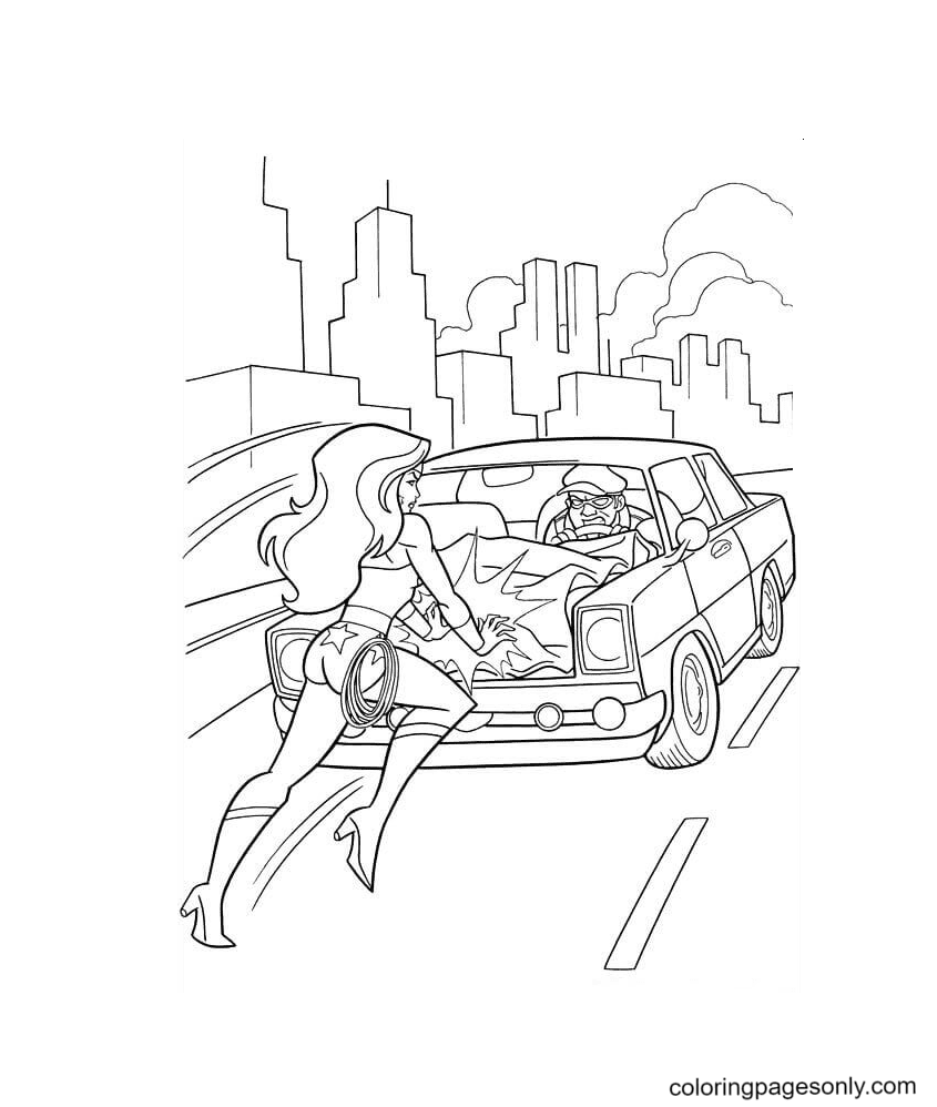 Dibujo de Mujer Maravilla deteniendo un coche para colorear