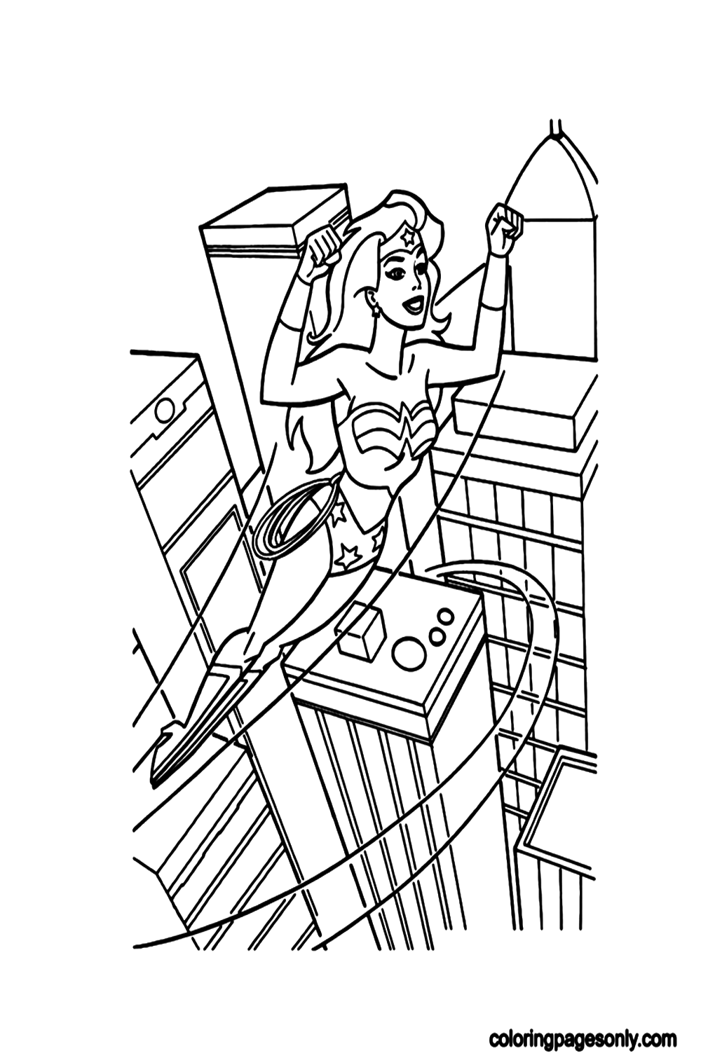 Wonder Woman Flies Over Tall Buildings Coloring Page