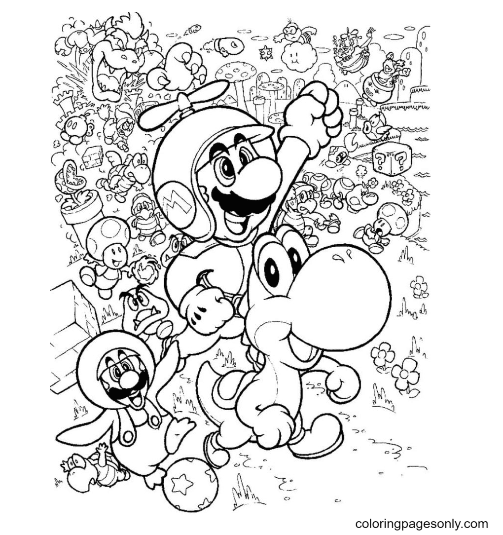 desenho de Yoshi, Mario e amigos em uma jornada perigosa