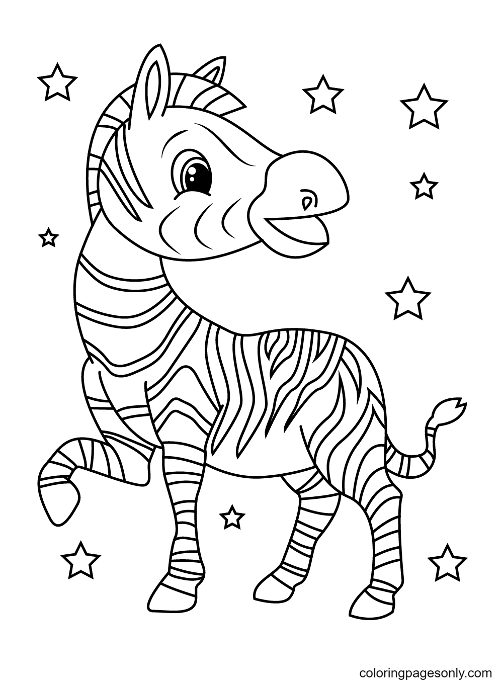 Zebra Surrounded by Stars Coloring Page