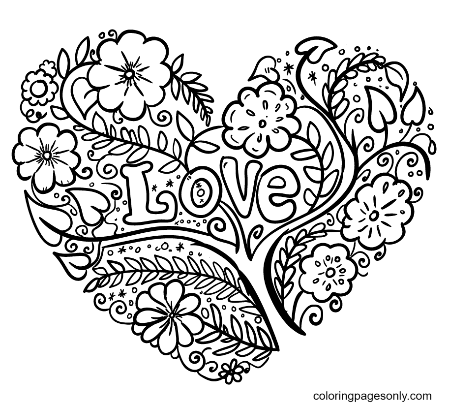 Een hart van bomen, bloemen, bladeren met het woord liefde in het midden van het hart