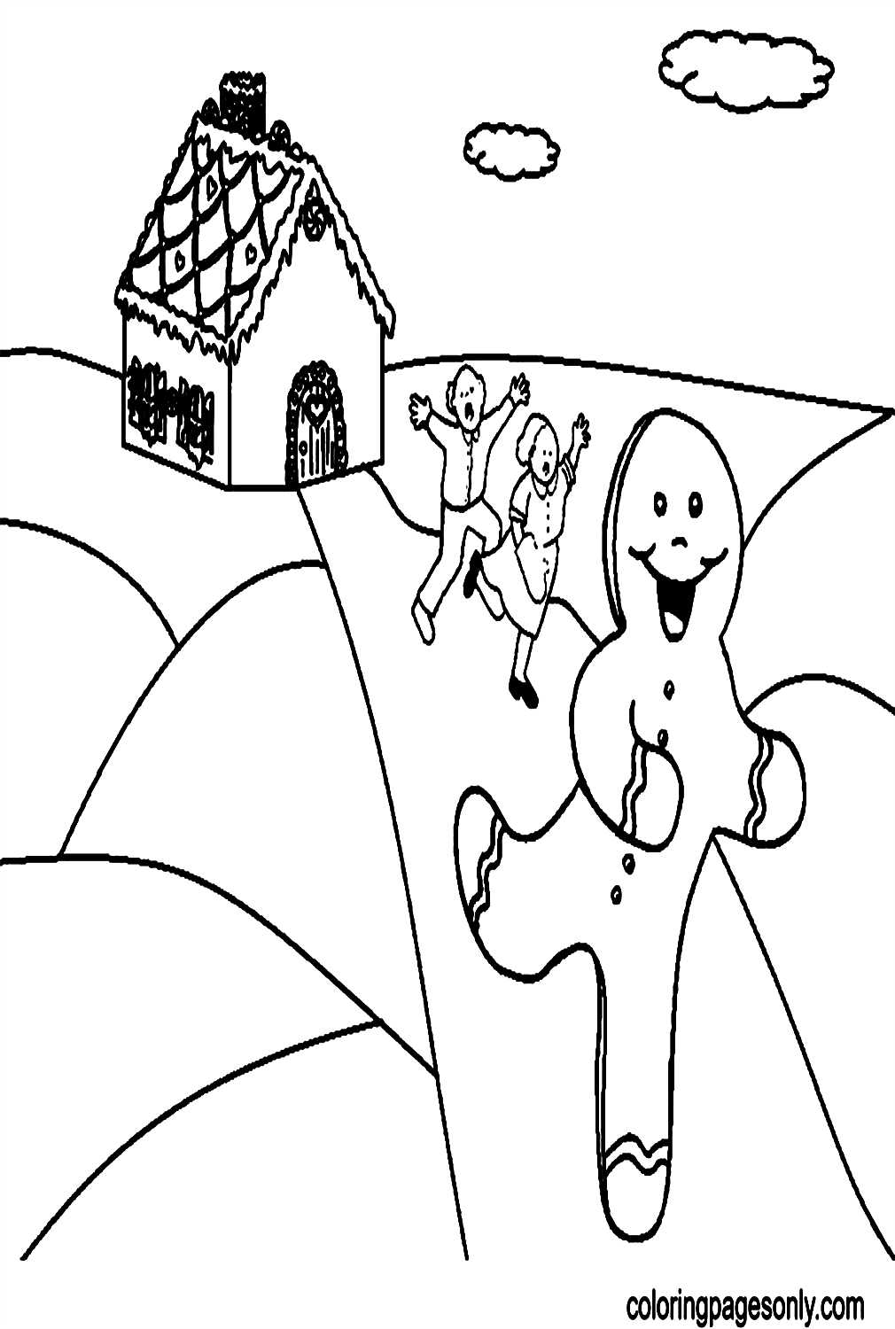 A Woman and A Man Chasing Gingerbread Man Coloring Page