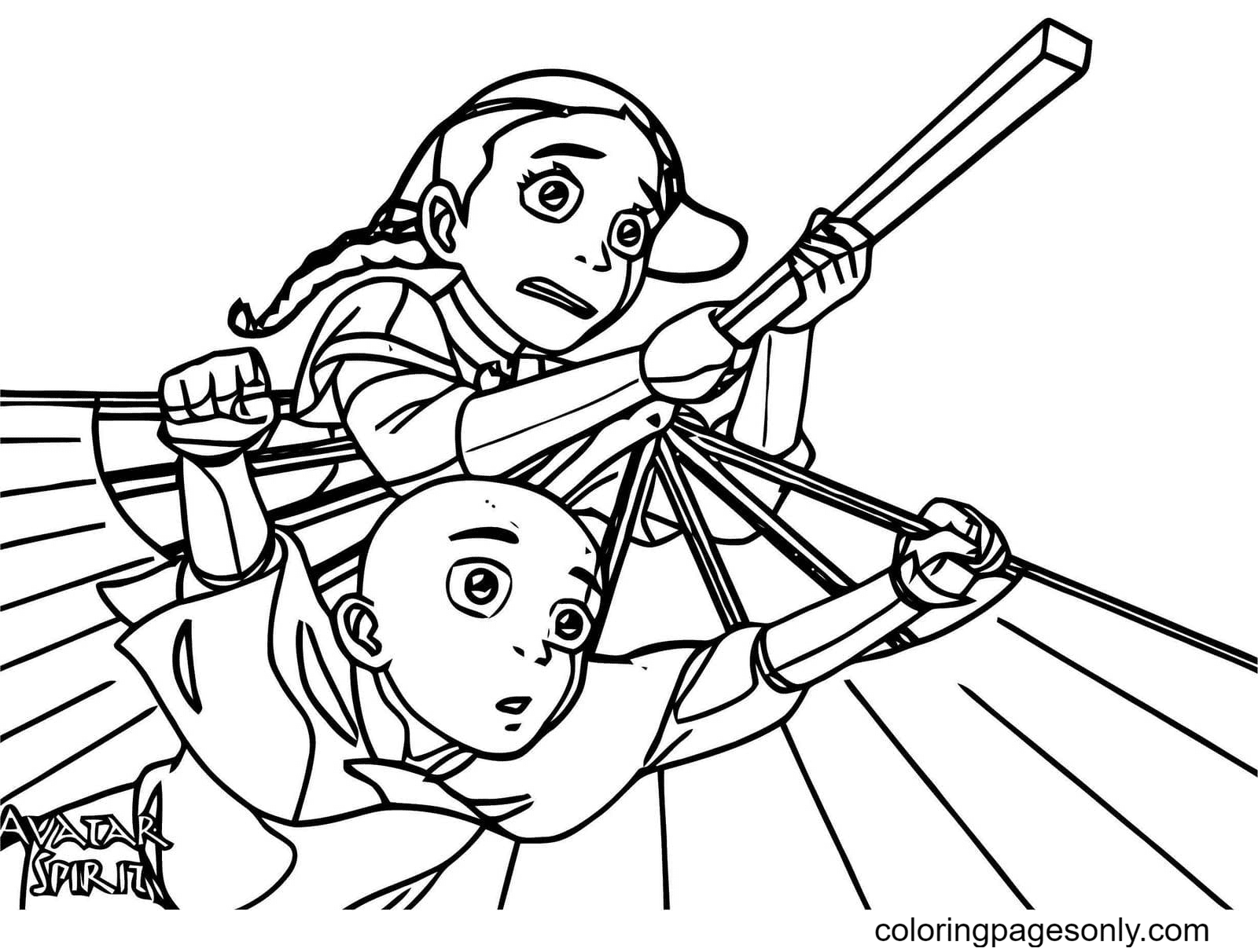 Aang and Katara in flight Coloring Page