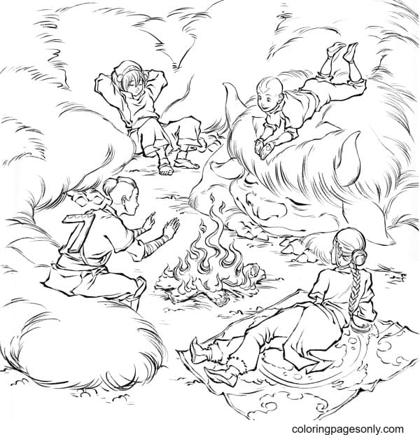 Aang et ses amis se réchauffent près du feu d'Avatar