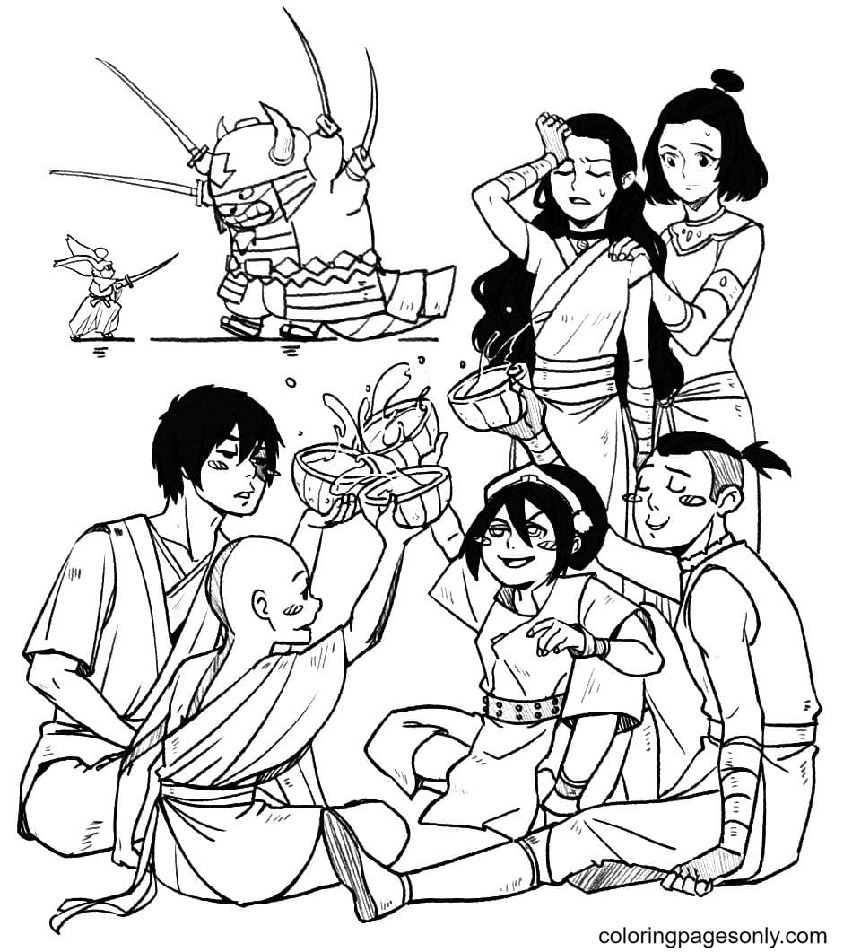 Aang and his friends are eating Coloring Page