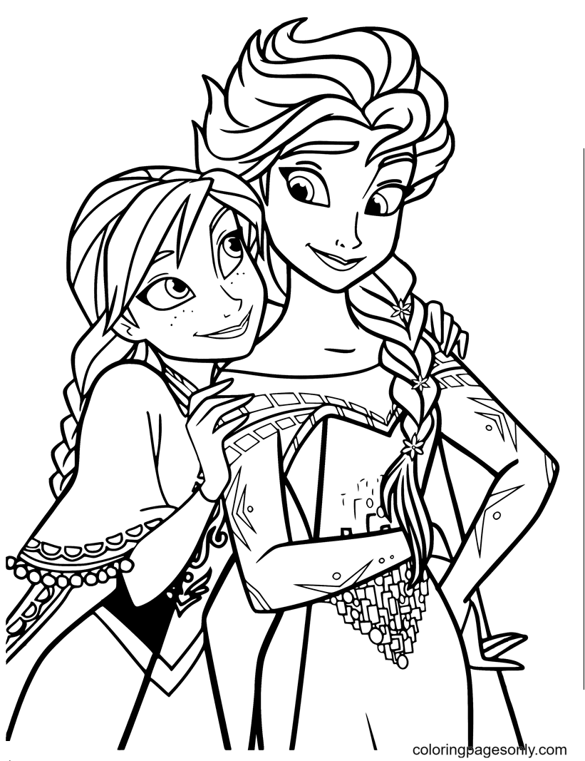 Anna And Elsa From Disney Frozen Coloring Page