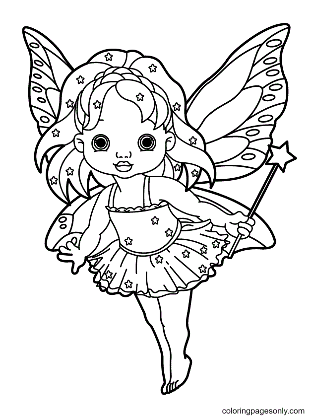 Детская фея держит звездную палочку раскраски страницу