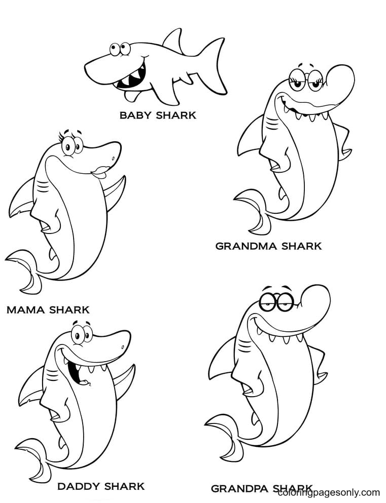 Baby Shark and Family Coloring Page
