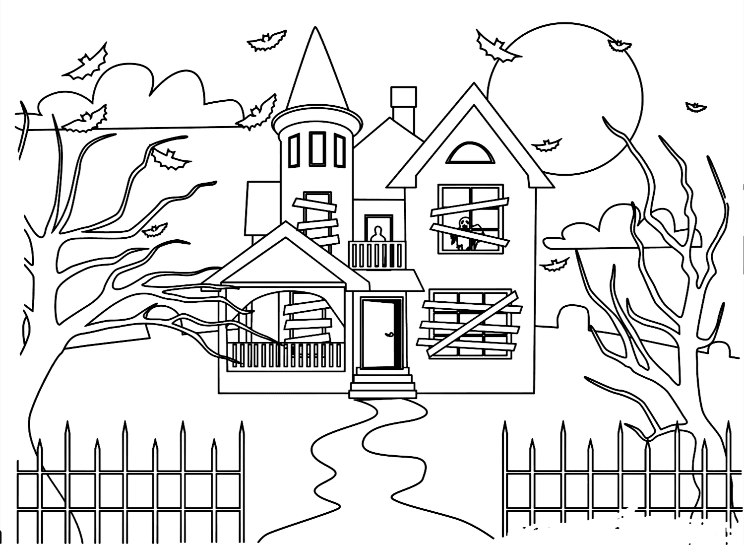 Bats Flying Around The Haunted House Coloring Pages