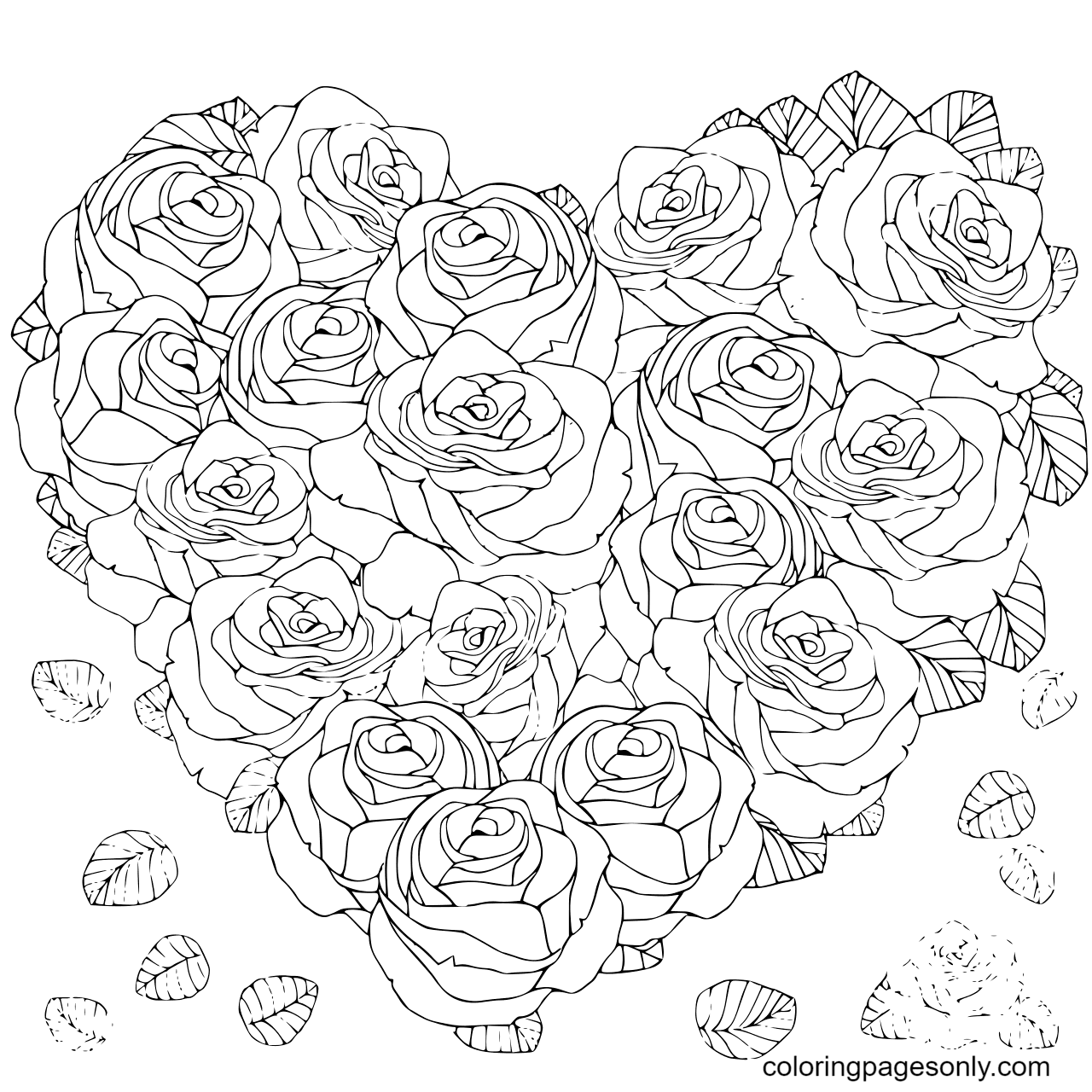 Desenho de lindo coração feito com rosas para colorir