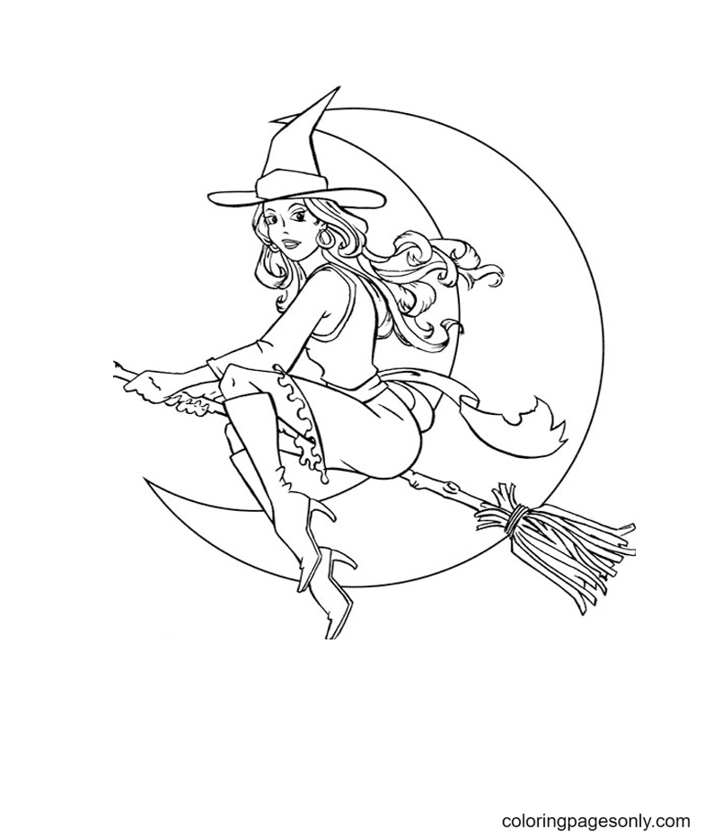 Beautiful Witch on a Flying Broom Coloring Page