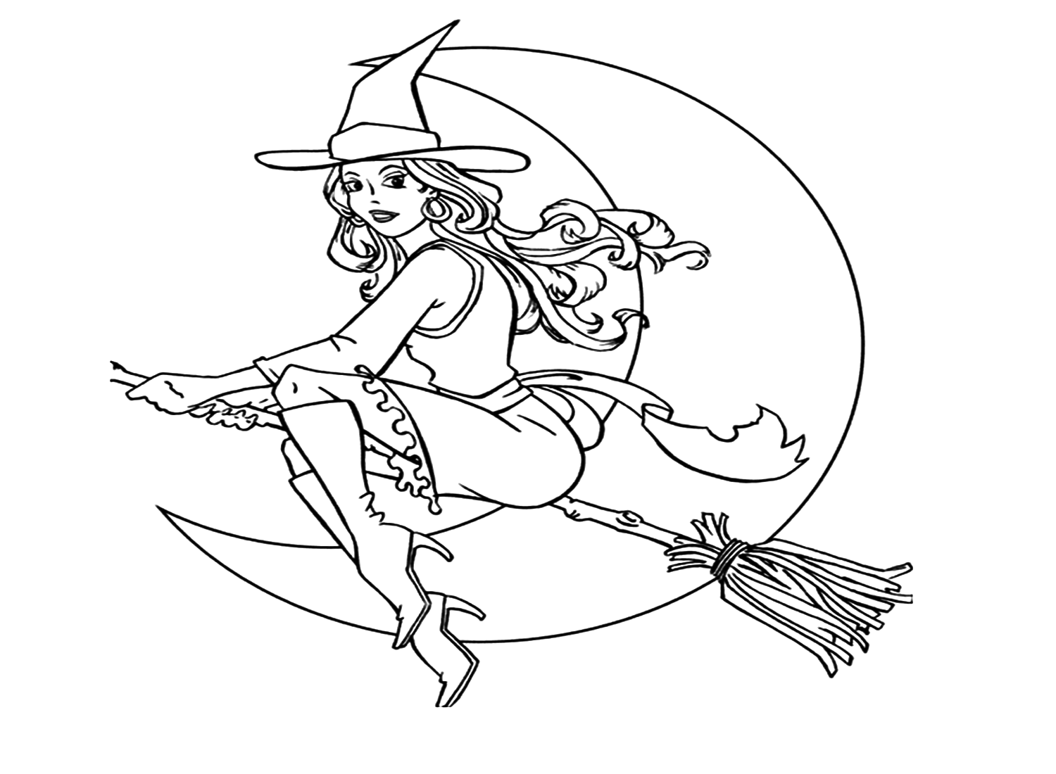 Beautiful Witch on a Flying Broom Coloring Pages