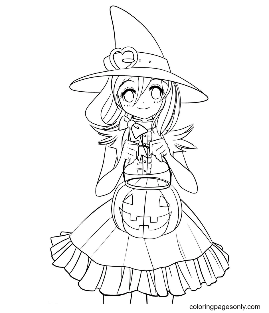 Beautiful Witch With Pumpkin Lights Coloring Pages