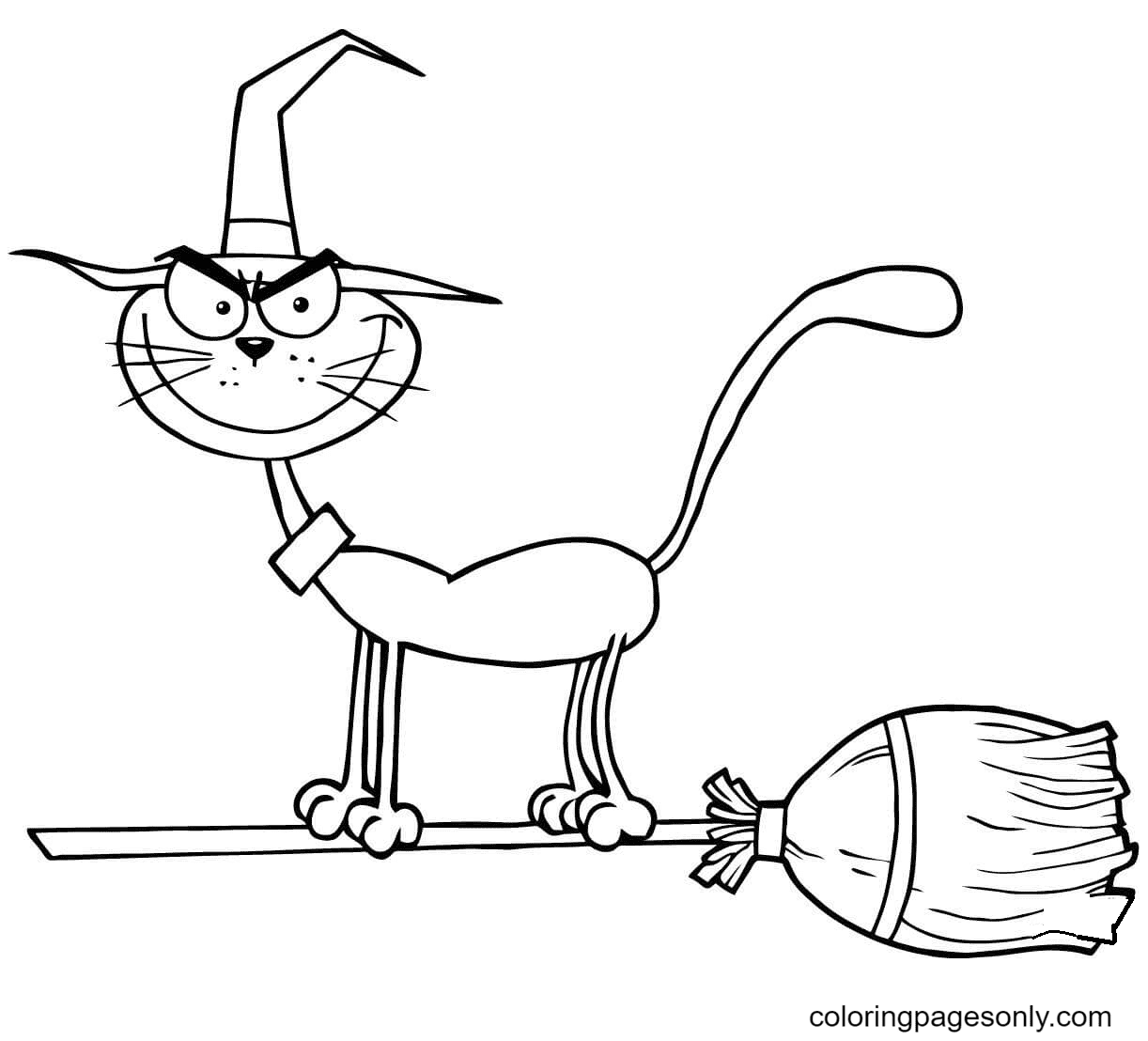 Black Cat Flying a Broom Coloring Page