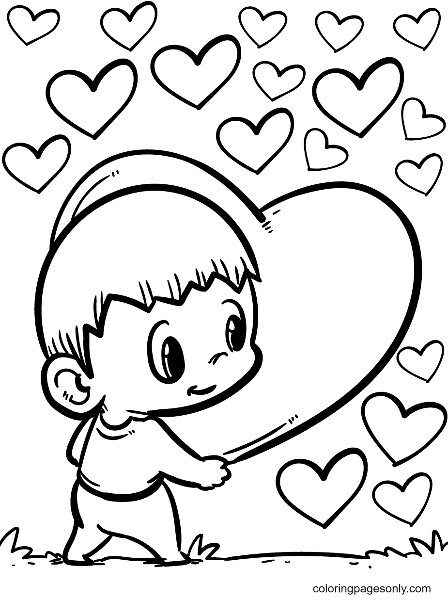 Boy Holding A Big Heart Coloring Page