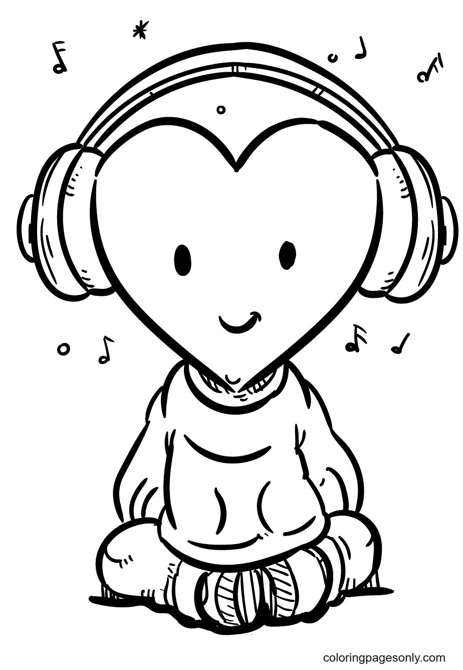 Boy with Heart Shaped Head Listening To Music Coloring Page