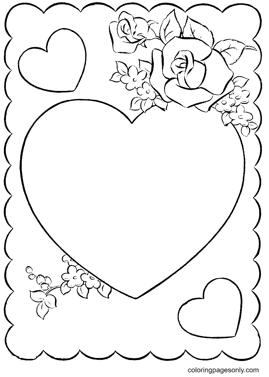 Card With The Heart And Roses Coloring Pages