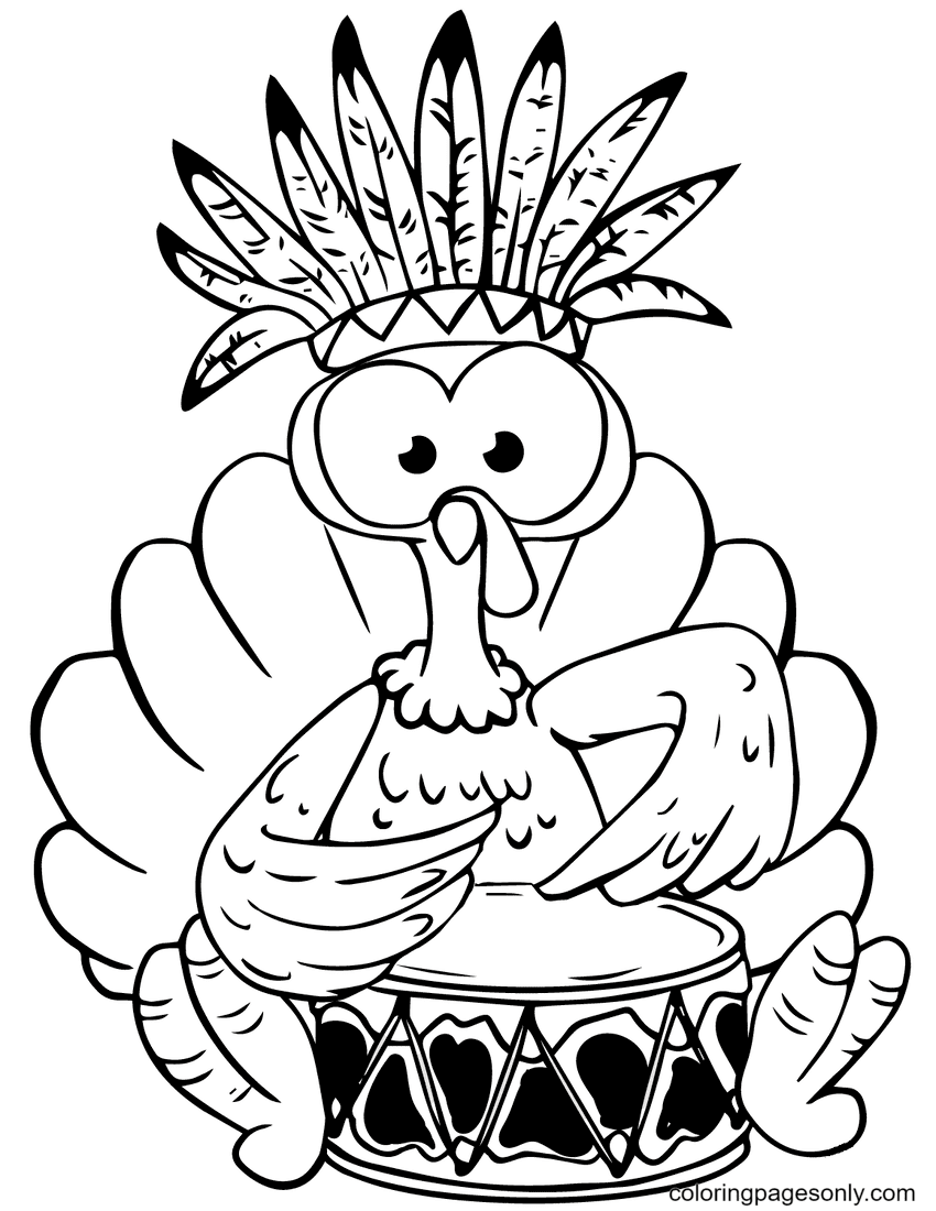 Cartoon Turkey Playing Drum Coloring Page