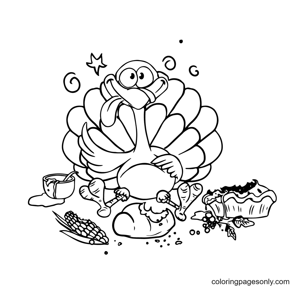 Dinde de dessin animé avec estomac chargé de Thanksgiving