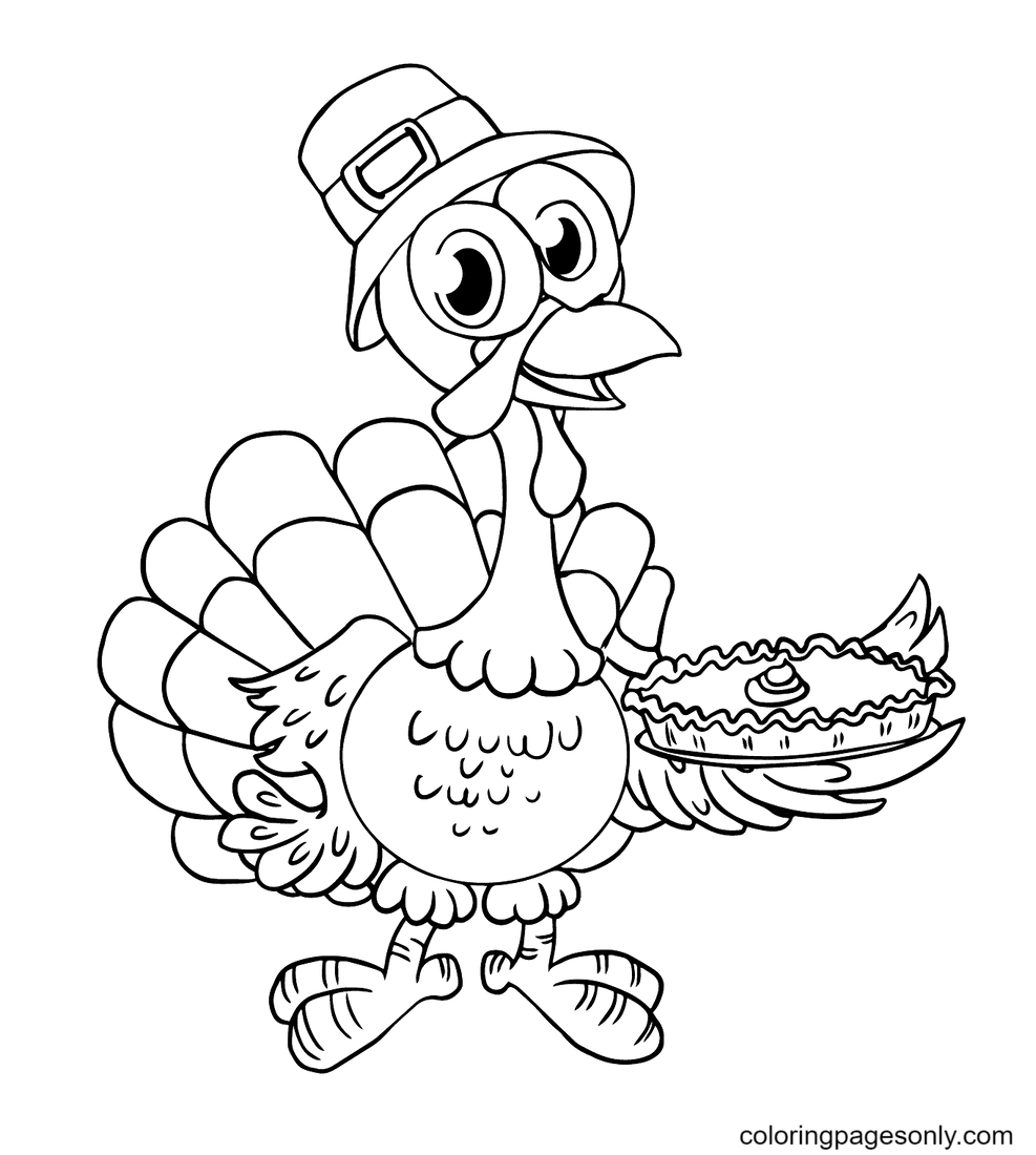 Cartoon Turkey with Pie Coloring Page