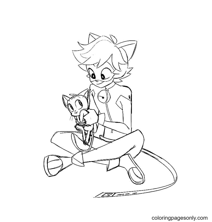 Cat Noir and Cat Adorable Coloring Page