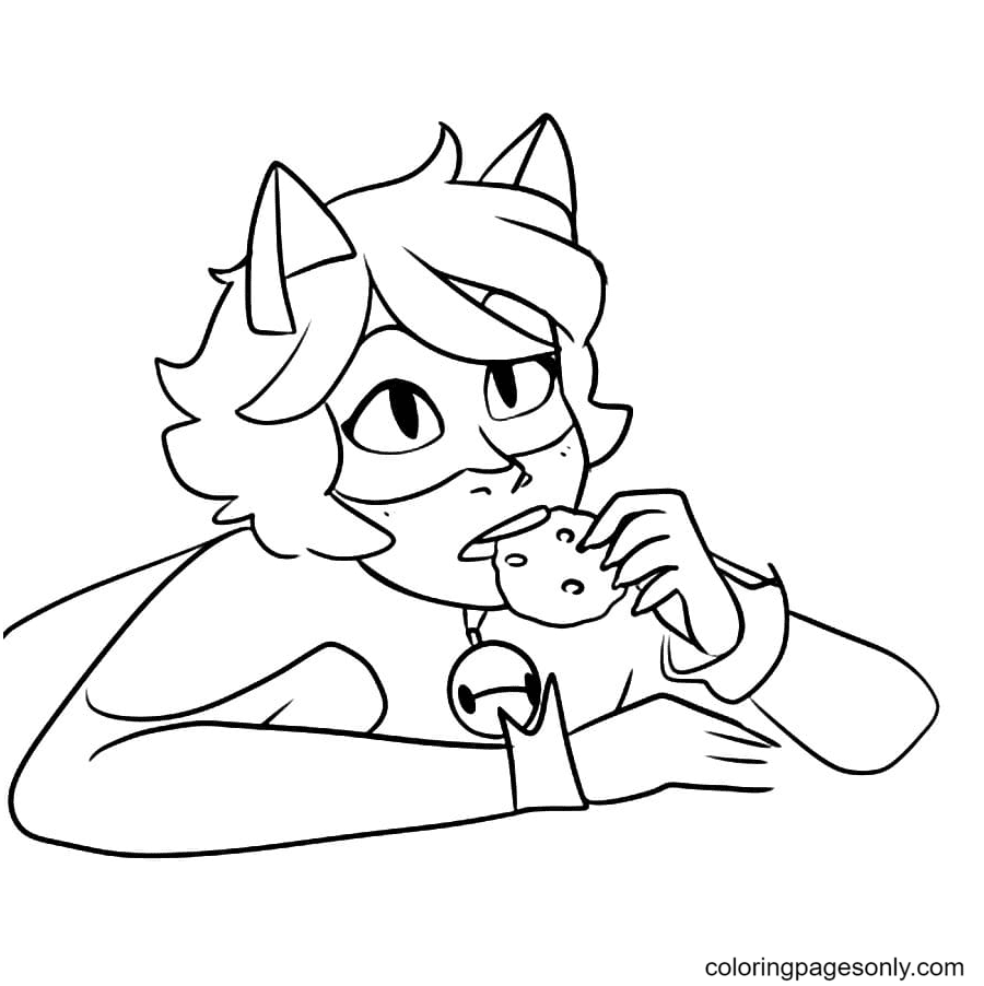 Cat Noir eating cookies Coloring Pages