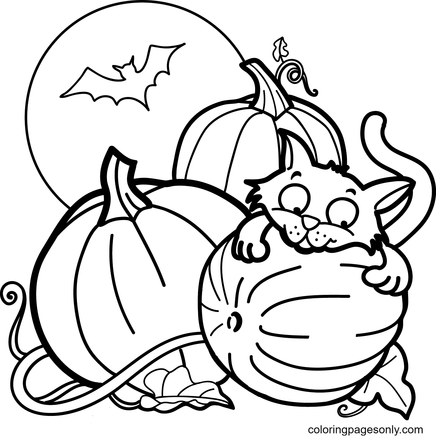 Gatto, zucca e un pipistrello per la pagina da colorare di Halloween