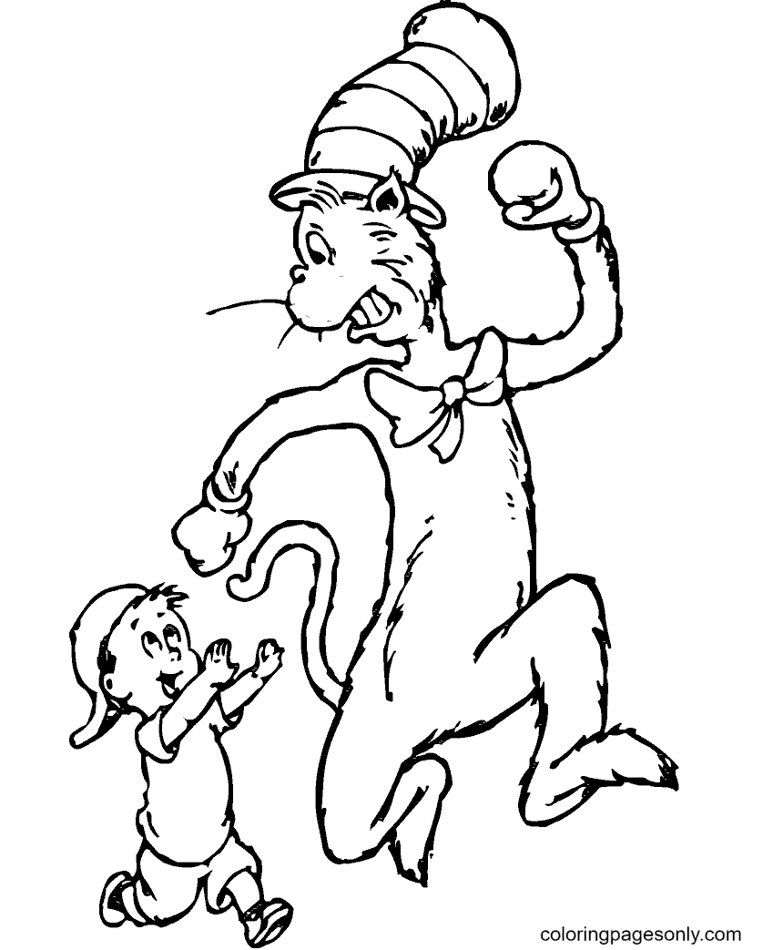 Cat in the Hat with the boy Coloring Page