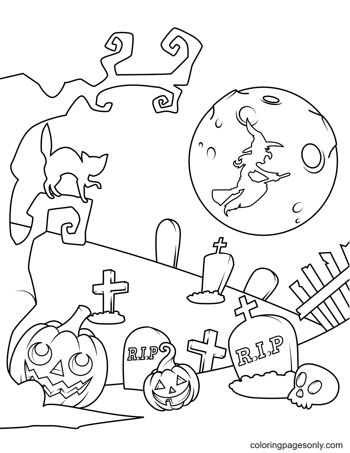 Cemetery with Jack O Lanterns Halloween Coloring Page