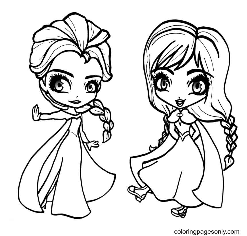 Chibi Elsa and Anna Coloring Page