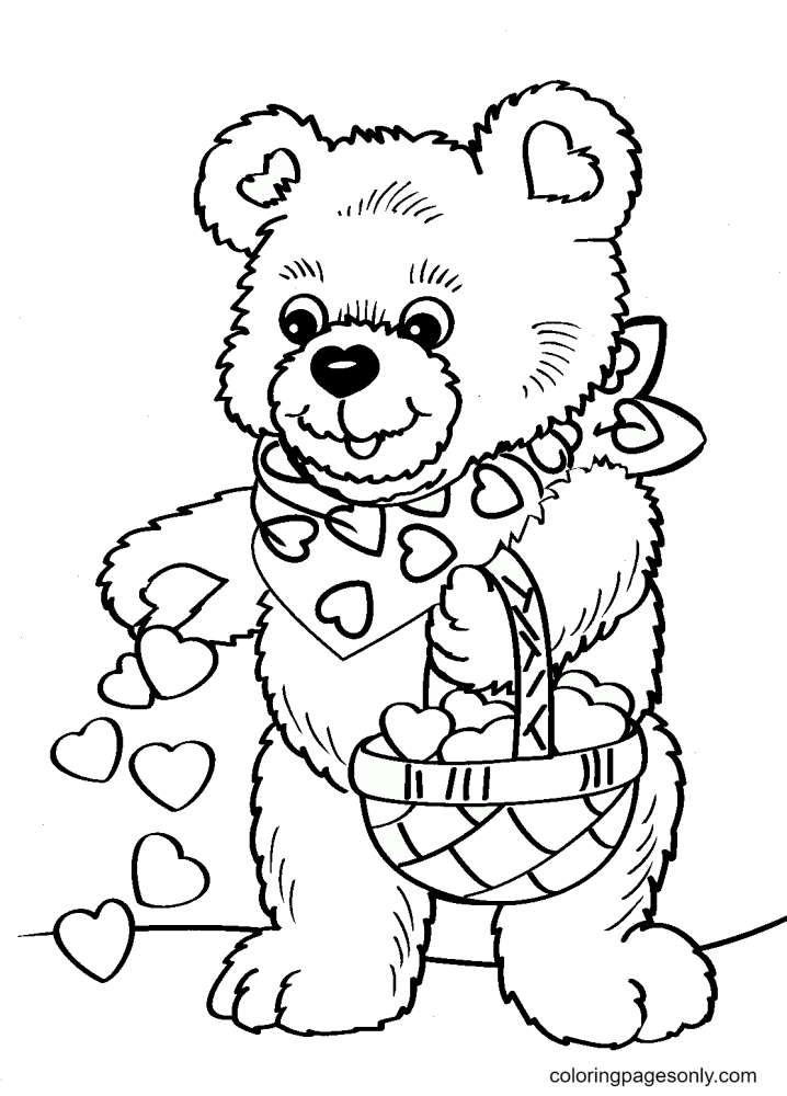 Urso fofo com corações para colorir
