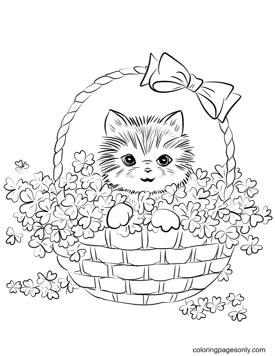 Cute Kitten in Basket of Shamrock Coloring Pages