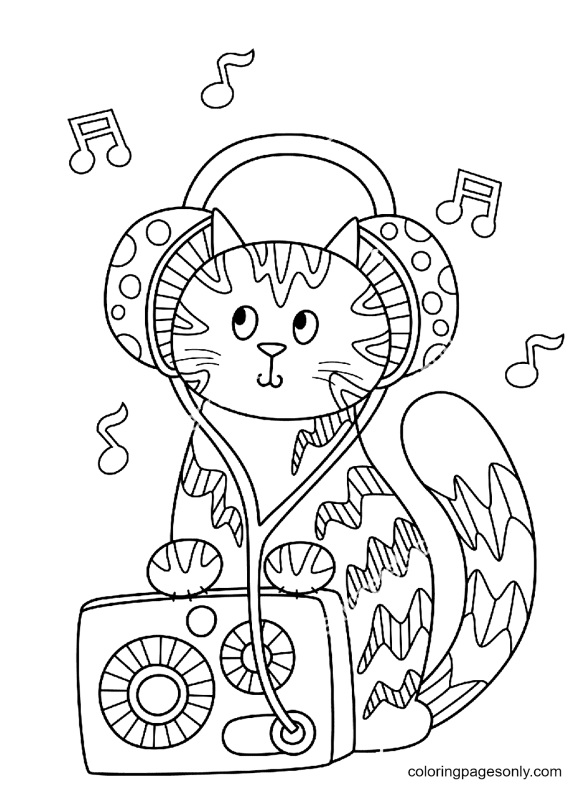 Cute Kitten with Radio and Headphones Coloring Page