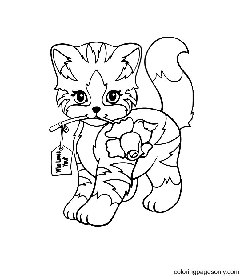Cute Kitten with Rose on Mouth Coloring Page