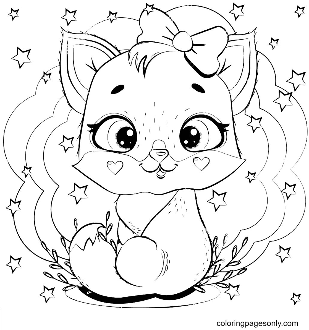 Cute Kitten with Stars Coloring Page