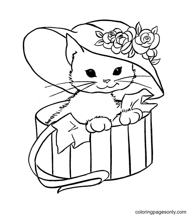 Cute Kitten with a Hat full of Flowers Coloring Page