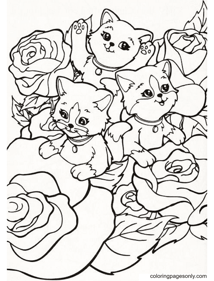 Cute Kittens with Beautiful Flowers Coloring Pages