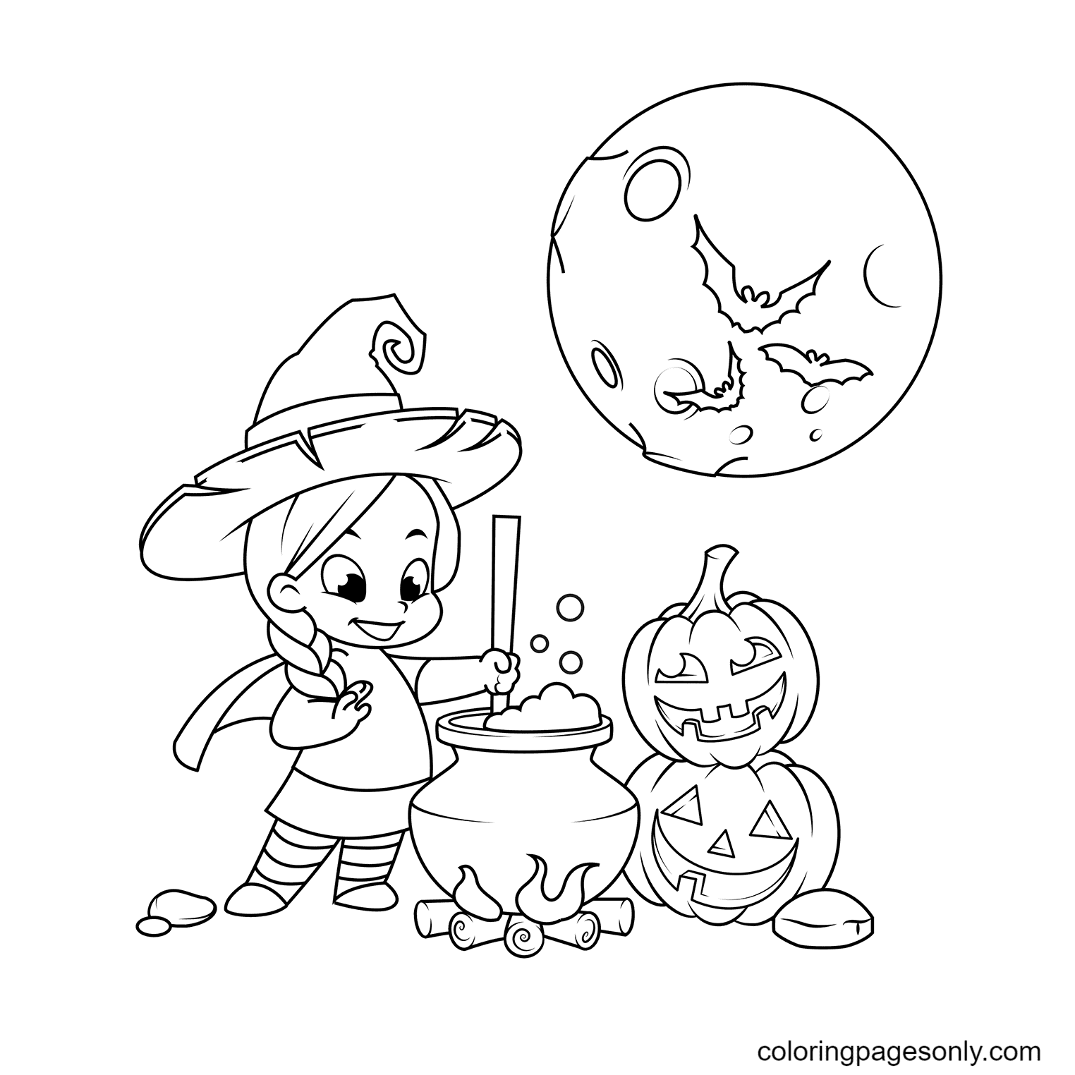 Милая маленькая ведьма готовит зелье в котле из Хэллоуинской ведьмы