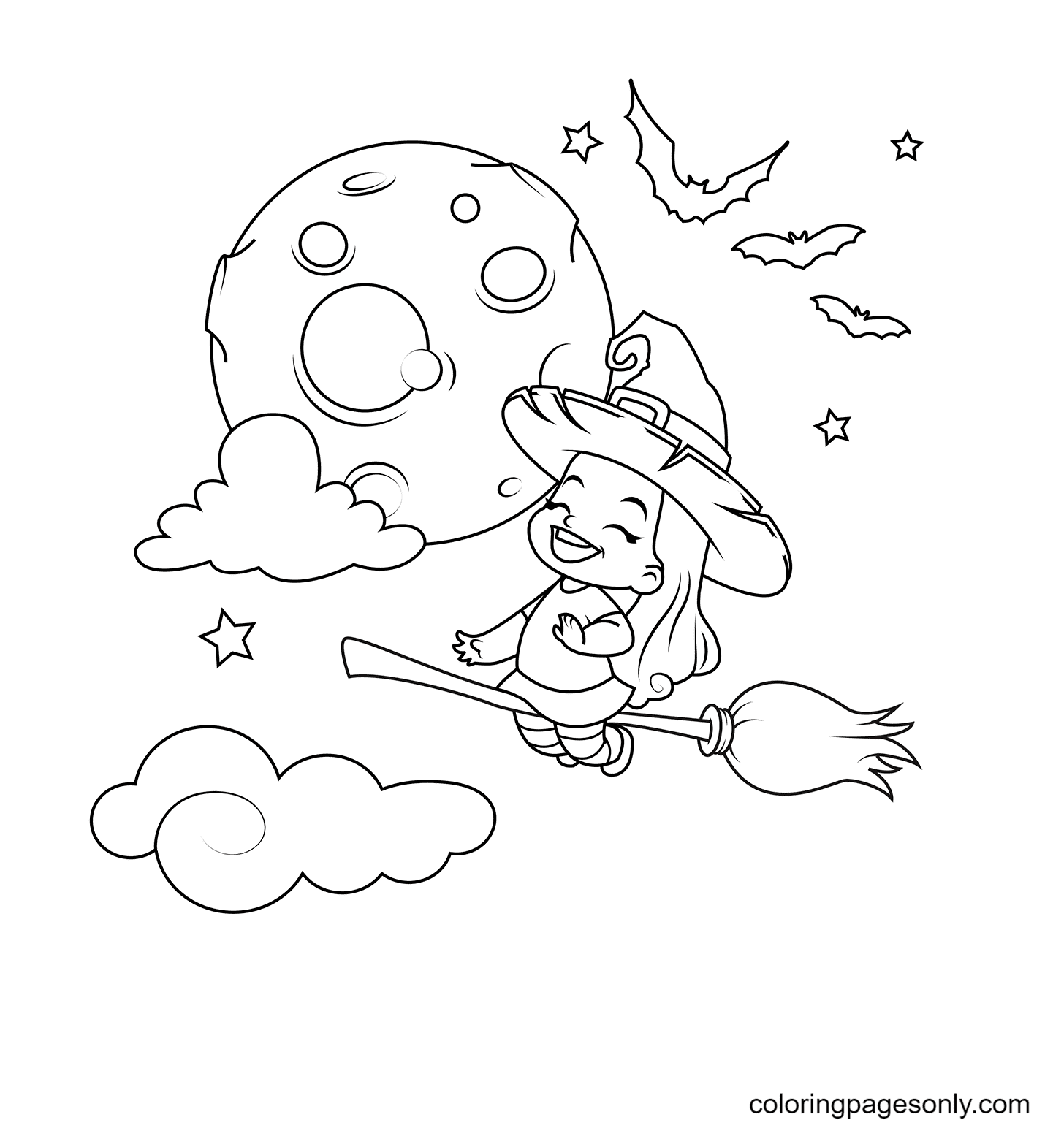Cute Little Witch Flying on a Broomstick Coloring Page